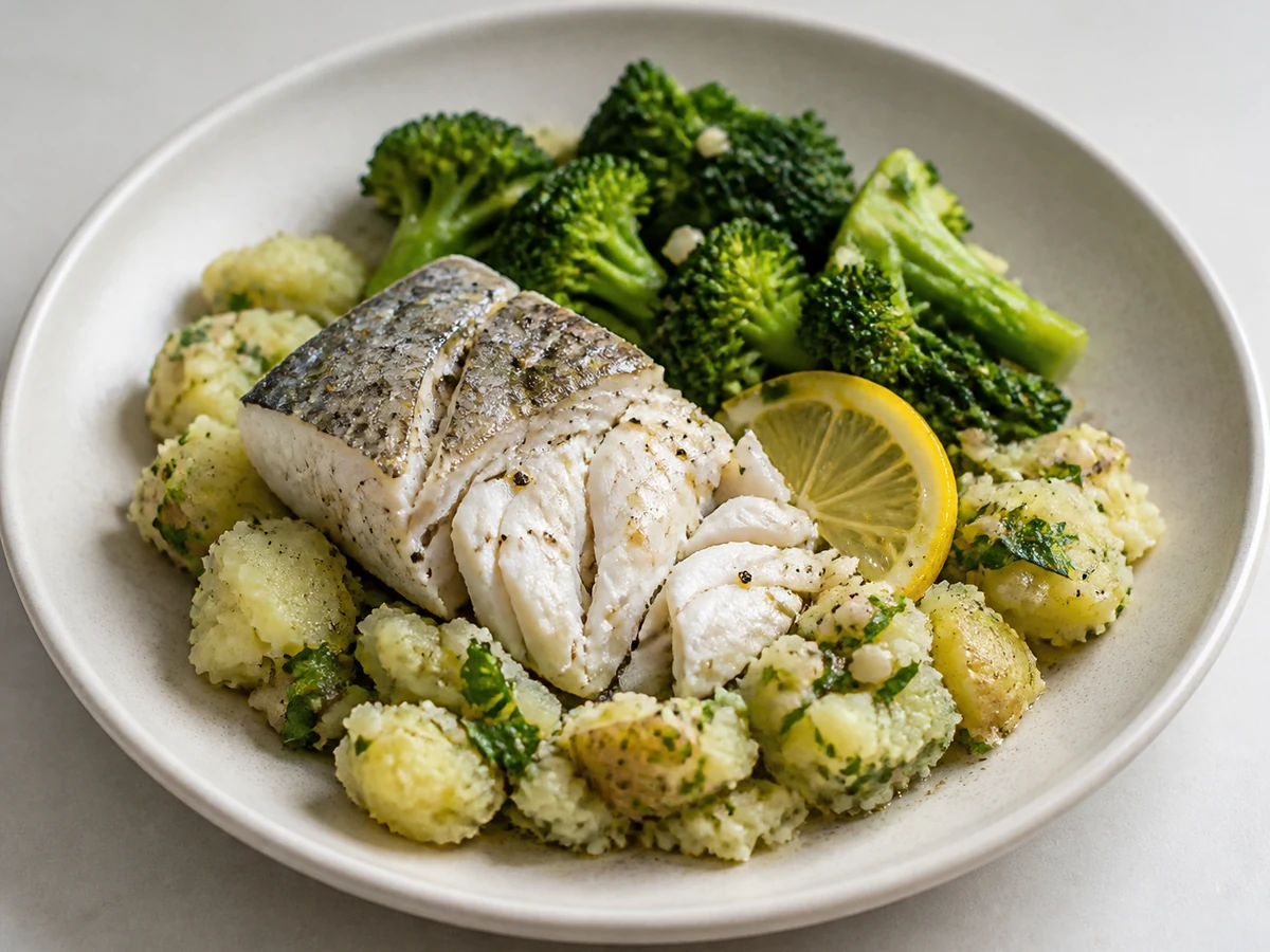 Baked White Fish with Potato and Broccoli. White fish baked with lemon while potatoes boil and broccoli goes in for the last few minutes. One tray, one pan, and on the table in half an hour.
