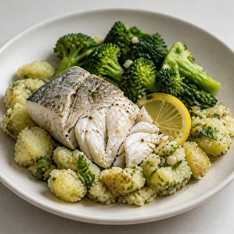 Baked White Fish with Potato and Broccoli. White fish baked with lemon while potatoes boil and broccoli goes in for the last few minutes. One tray, one pan, and on the table in half an hour.