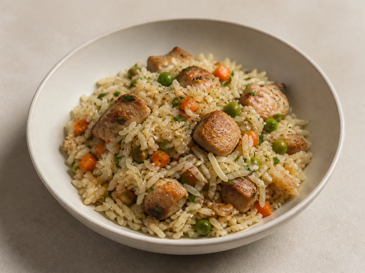 Chicken Rice Pilaf with Peas. Everything in one pan: chicken browned, rice toasted in the same fat, then simmered until the grains stand separate.