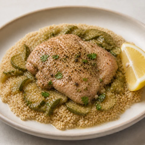 Baked Chicken with Couscous and Zucchini. Chicken thighs baked on top of zucchini so the juices run into it, with couscous steamed in the time it takes to rest the chicken.