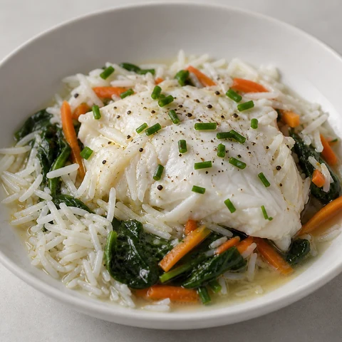 Poached Fish with Rice and Greens. White fish poached gently in stock, served over rice with spinach wilted into the poaching liquid.