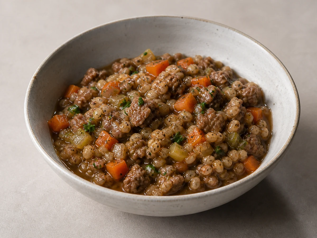 Beef and Barley Stew. Beef mince and barley cooked slowly in stock until the barley splits and thickens the whole pot. Substantial without being rich.