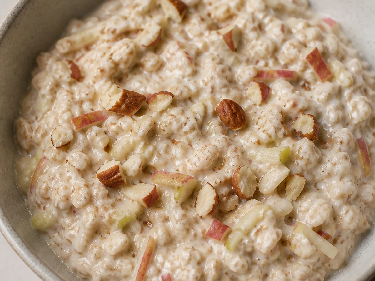 Bircher Muesli with Apple, Almond and Yoghurt. Rolled oats soaked overnight in milk and yoghurt with coarsely grated apple, honey and chopped almonds stirred through in the morning.
