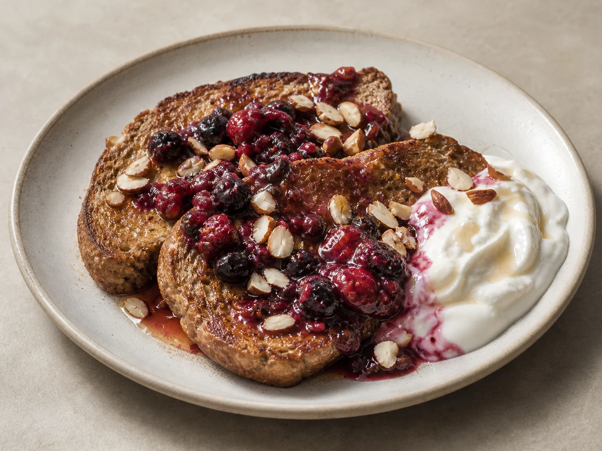 Wholemeal French Toast with Cinnamon Milk and Berries. Slices of wholegrain bread soaked in cinnamon-vanilla egg and milk, fried in butter and served with warm berries, toasted almonds and a spoonful of thick yoghurt.