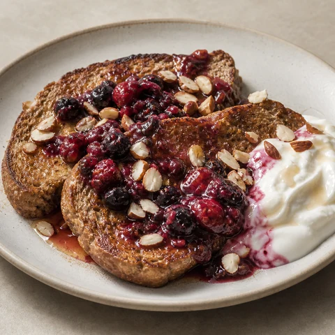 Wholemeal French Toast with Cinnamon Milk and Berries. Slices of wholegrain bread soaked in cinnamon-vanilla egg and milk, fried in butter and served with warm berries, toasted almonds and a spoonful of thick yoghurt.