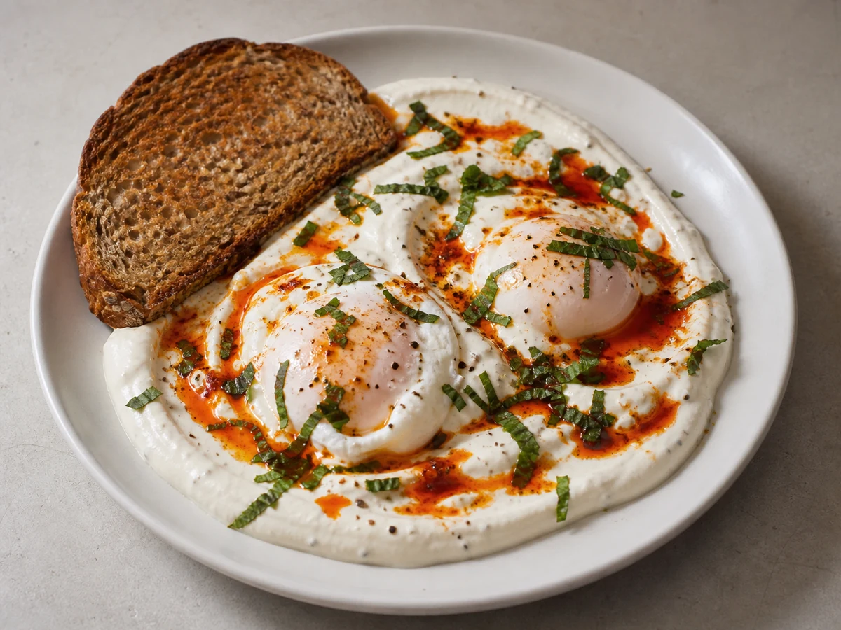 Poached Eggs on Garlicky Yoghurt with Paprika Butter. Poached eggs set on a pool of garlic, lemon and tahini yoghurt, finished with smoked paprika butter and mint, with toast for mopping.