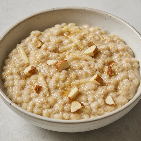 Pearl Barley Porridge with Milk, Pear and Honey. Pearl barley simmered slowly in milk until the grains split and thicken, stirred with grated pear, honey, cinnamon and toasted almonds.
