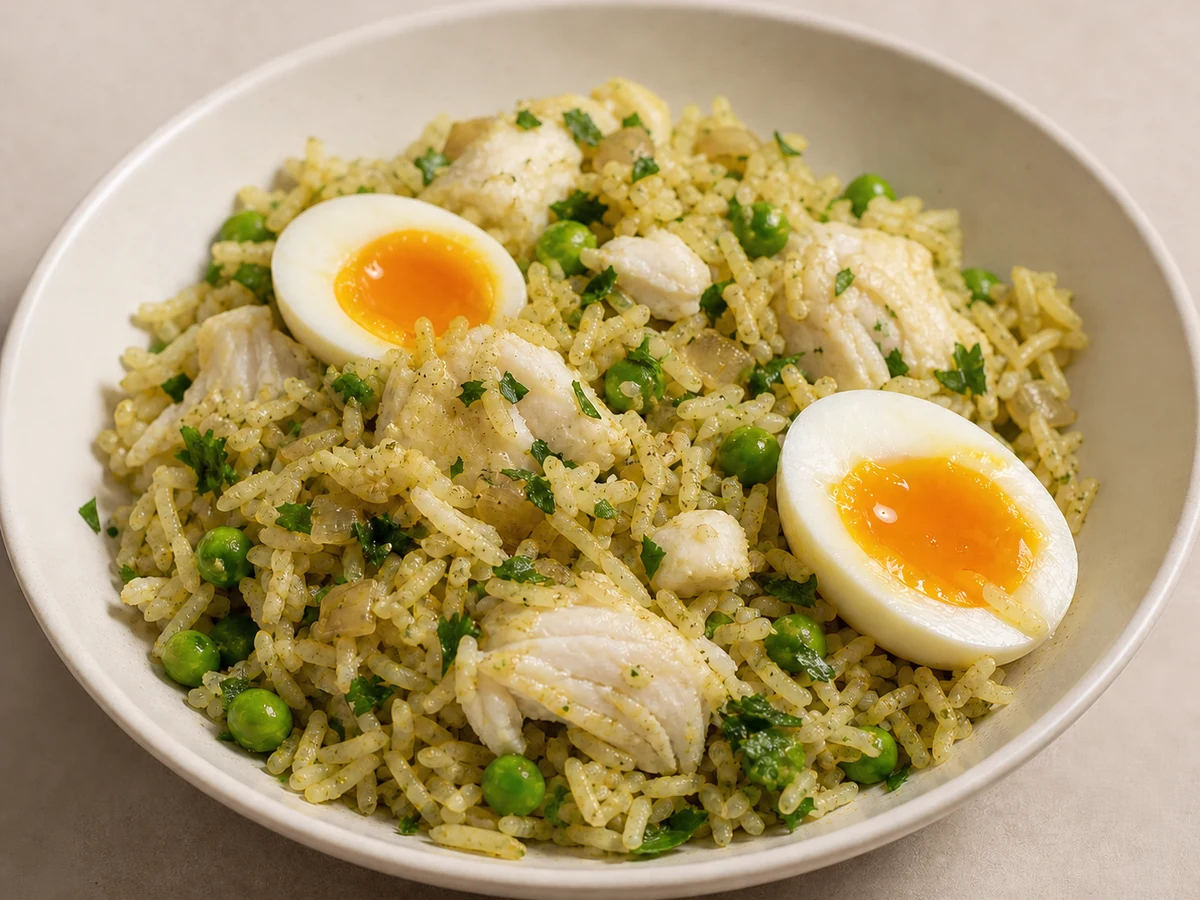 Milk-Poached Fish Kedgeree with Soft-Boiled Egg. White fish poached in milk and flaked through curried basmati with peas, parsley and lemon, with a halved soft-boiled egg on top.