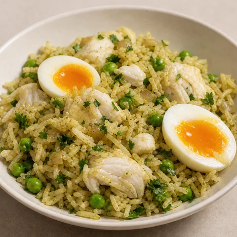 Milk-Poached Fish Kedgeree with Soft-Boiled Egg. White fish poached in milk and flaked through curried basmati with peas, parsley and lemon, with a halved soft-boiled egg on top.