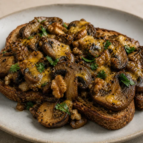Grilled Mushrooms and Melted Cheddar on Wholegrain Toast. Mushrooms cooked hard in olive oil and finished with butter, garlic, thyme and walnuts, piled on wholegrain toast under grated cheddar and grilled until it melts.