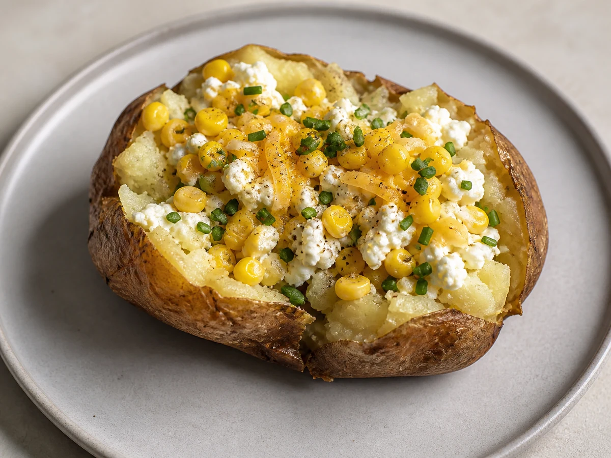 Baked Potatoes with Cottage Cheese, Corn and Chives. Potatoes baked until the skins crackle, split and filled with cottage cheese, buttery corn, grated cheddar and chives.