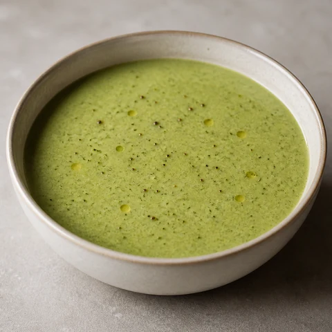 Broccoli and Cheddar Soup. Broccoli, onion and potato simmered until soft, blended smooth with milk and finished with grated cheddar melted in off the heat.