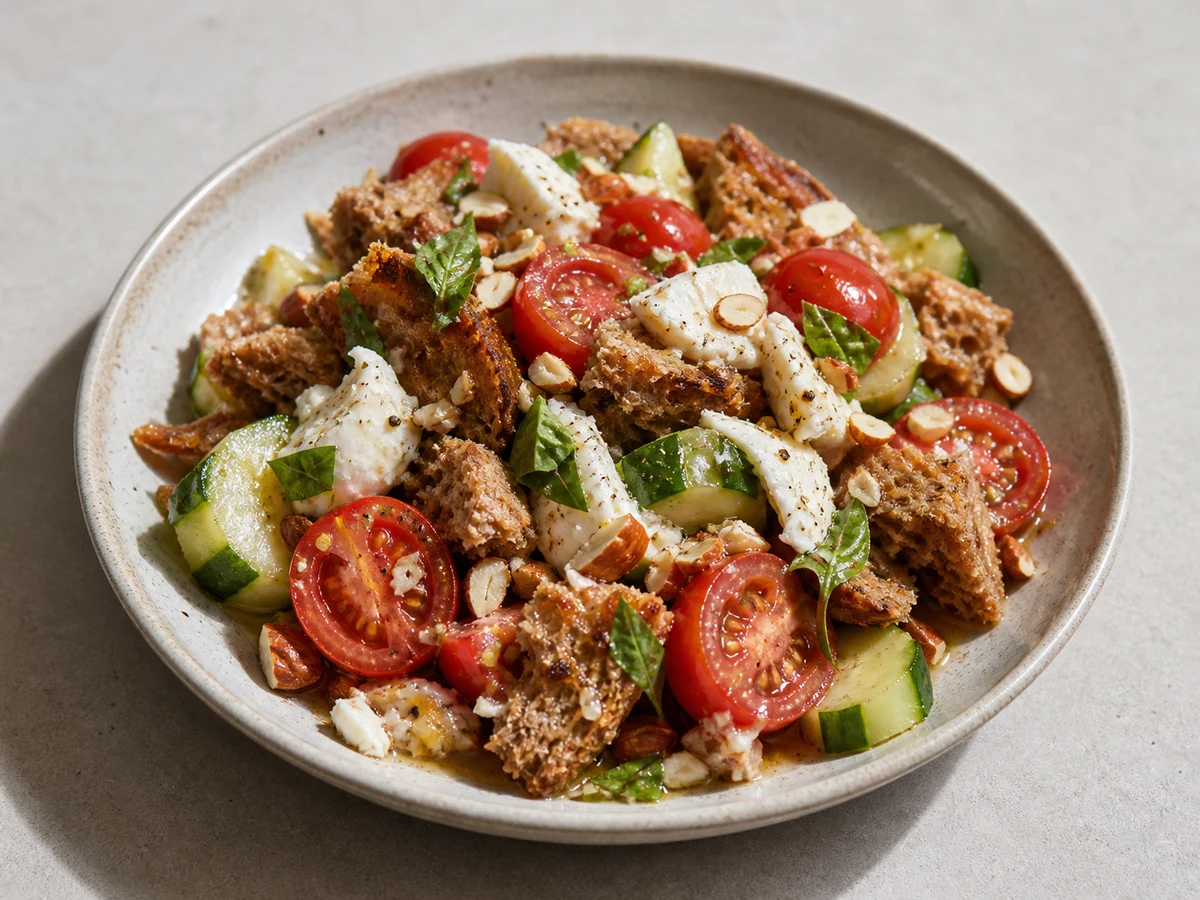 Tomato and Bread Salad with Torn Mozzarella and Basil. Ripe cherry tomatoes salted until they weep, tossed with torn day-old bread, cucumber, olive oil and vinegar, with mozzarella, toasted almonds and basil over the top.