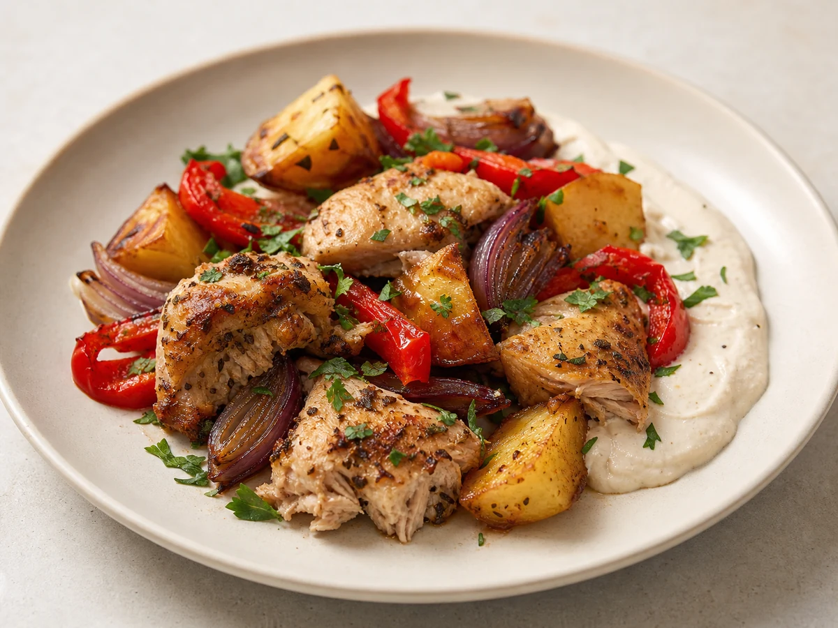 Lemon and Oregano Chicken Traybake with Tahini Yoghurt. Chicken thighs roasted on a single tray with potatoes, capsicum and red onion in lemon and oregano, served with a lemony tahini yoghurt.