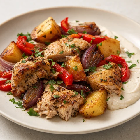Lemon and Oregano Chicken Traybake with Tahini Yoghurt. Chicken thighs roasted on a single tray with potatoes, capsicum and red onion in lemon and oregano, served with a lemony tahini yoghurt.