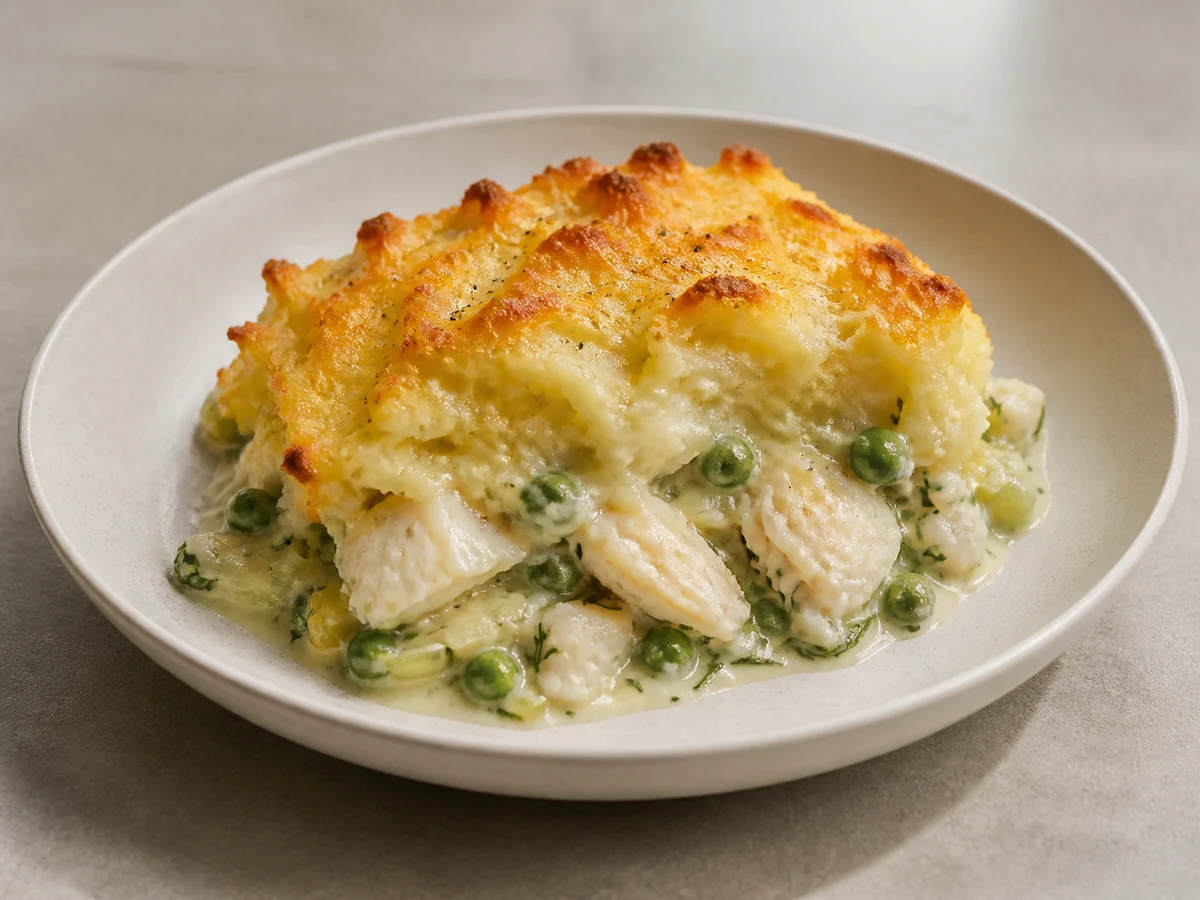 Fish Pie with Milk Sauce and Potato Crust. White fish and peas folded into a leek and dill milk sauce under a mashed potato crust, baked until the top is ridged and brown.