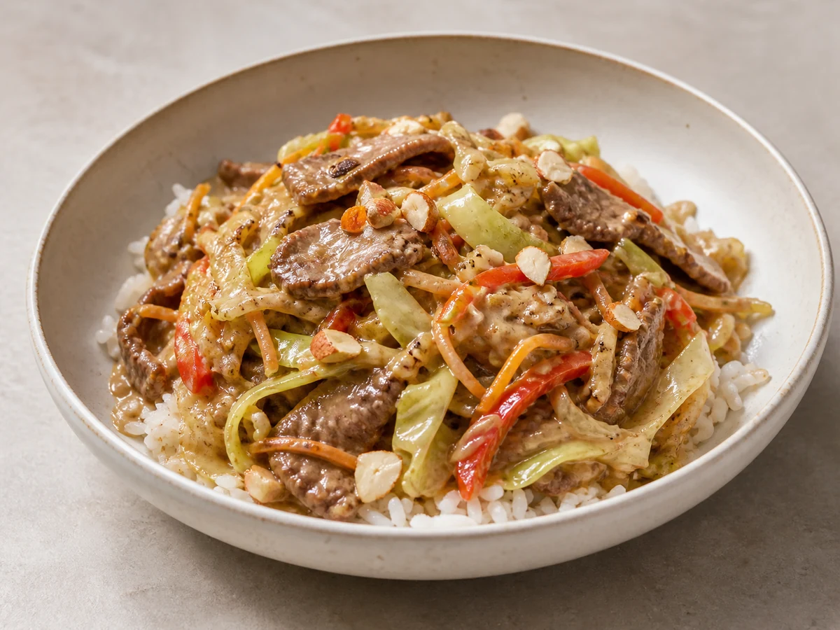Ginger and Sesame Beef Stir-Fry with Cabbage and Rice. Lean beef strips seared hard and tossed with cabbage, capsicum and carrot in a ginger, garlic and sesame sauce, with toasted almonds and rice.