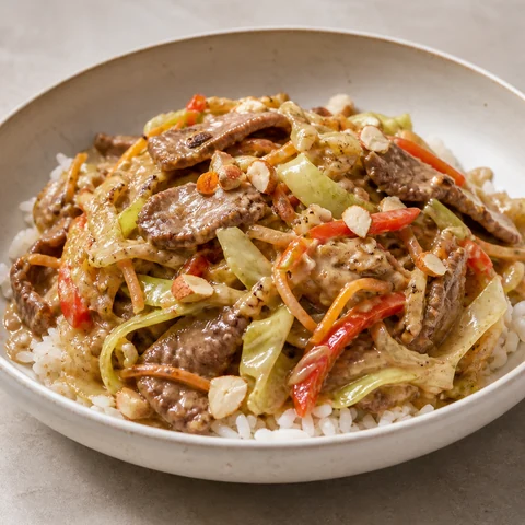 Ginger and Sesame Beef Stir-Fry with Cabbage and Rice. Lean beef strips seared hard and tossed with cabbage, capsicum and carrot in a ginger, garlic and sesame sauce, with toasted almonds and rice.