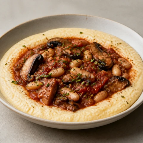 Mushroom and White Bean Stew with Soft Milk Polenta. Mushrooms browned hard and stewed with cannellini beans, tomato and thyme, spooned over polenta cooked loose in milk with butter and parmesan.