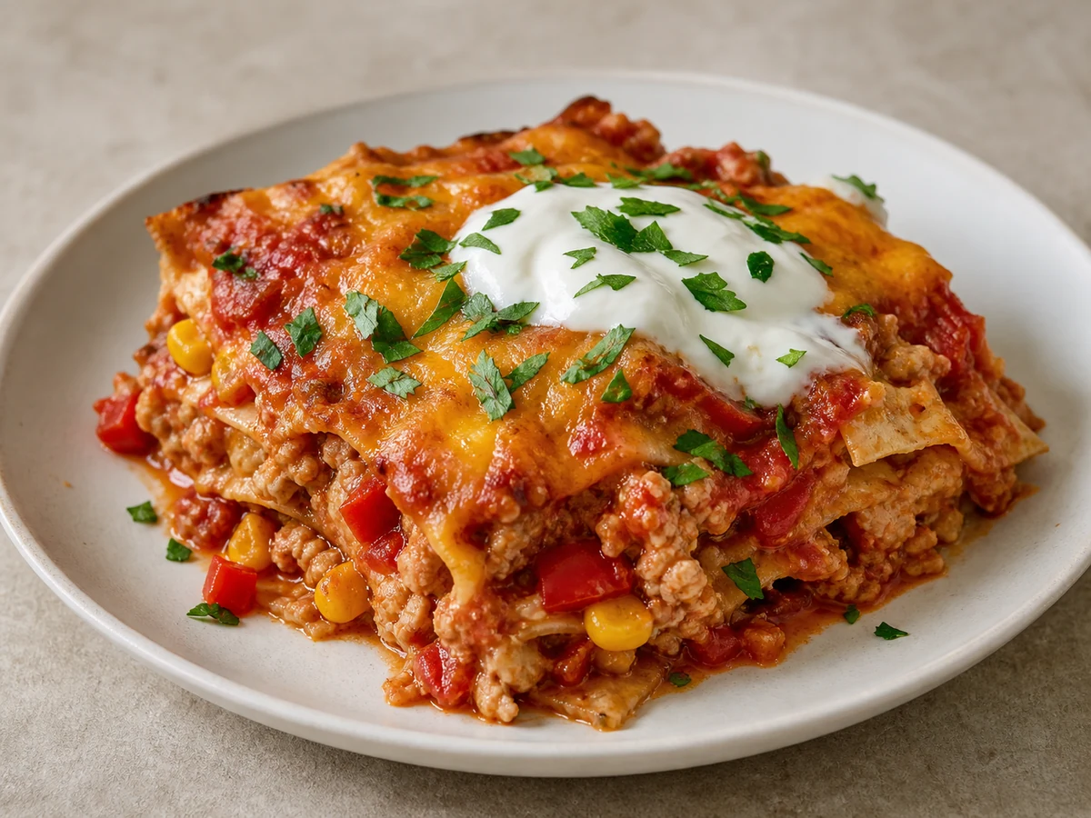 Turkey, Corn and Capsicum Enchilada Bake. Spiced turkey mince with capsicum and sweetcorn layered between corn tortillas and tomato sauce, baked under cheddar and finished with yoghurt and lime.