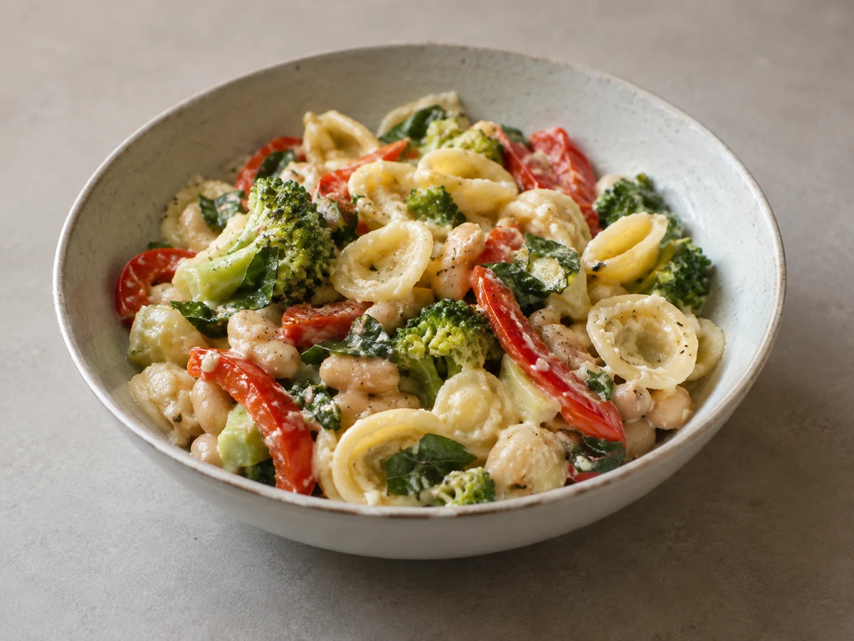 Broccoli, Capsicum & White Bean Pasta Primavera. Orecchiette tossed with broccoli florets, red capsicum strips and cannellini beans in a light ricotta and lemon sauce, finished with parmesan and torn basil, in a bowl.