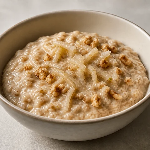 Barley Porridge with Pear and Walnuts. Pearl barley cooked slowly in milk until it splits and goes creamy, with grated pear through it and walnuts on top. A whole grain rather than a refined one, and it keeps you going.