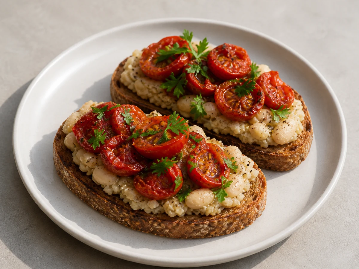 Wholegrain Toast with White Bean Mash and Tomato. Cannellini beans crushed with olive oil, garlic and lemon into a savoury spread, on wholegrain toast with tomatoes. Beans for breakfast is the good idea nobody expects.