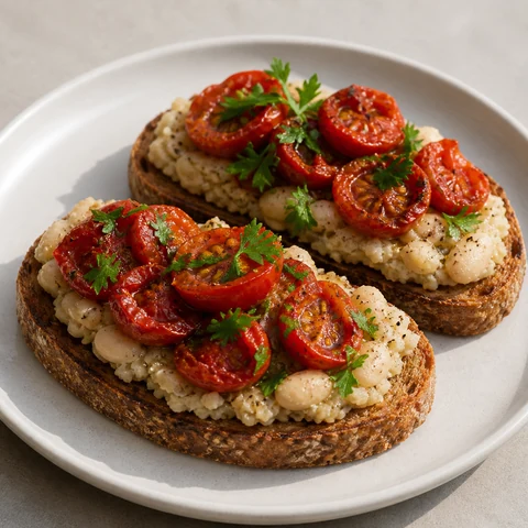 Wholegrain Toast with White Bean Mash and Tomato. Cannellini beans crushed with olive oil, garlic and lemon into a savoury spread, on wholegrain toast with tomatoes. Beans for breakfast is the good idea nobody expects.