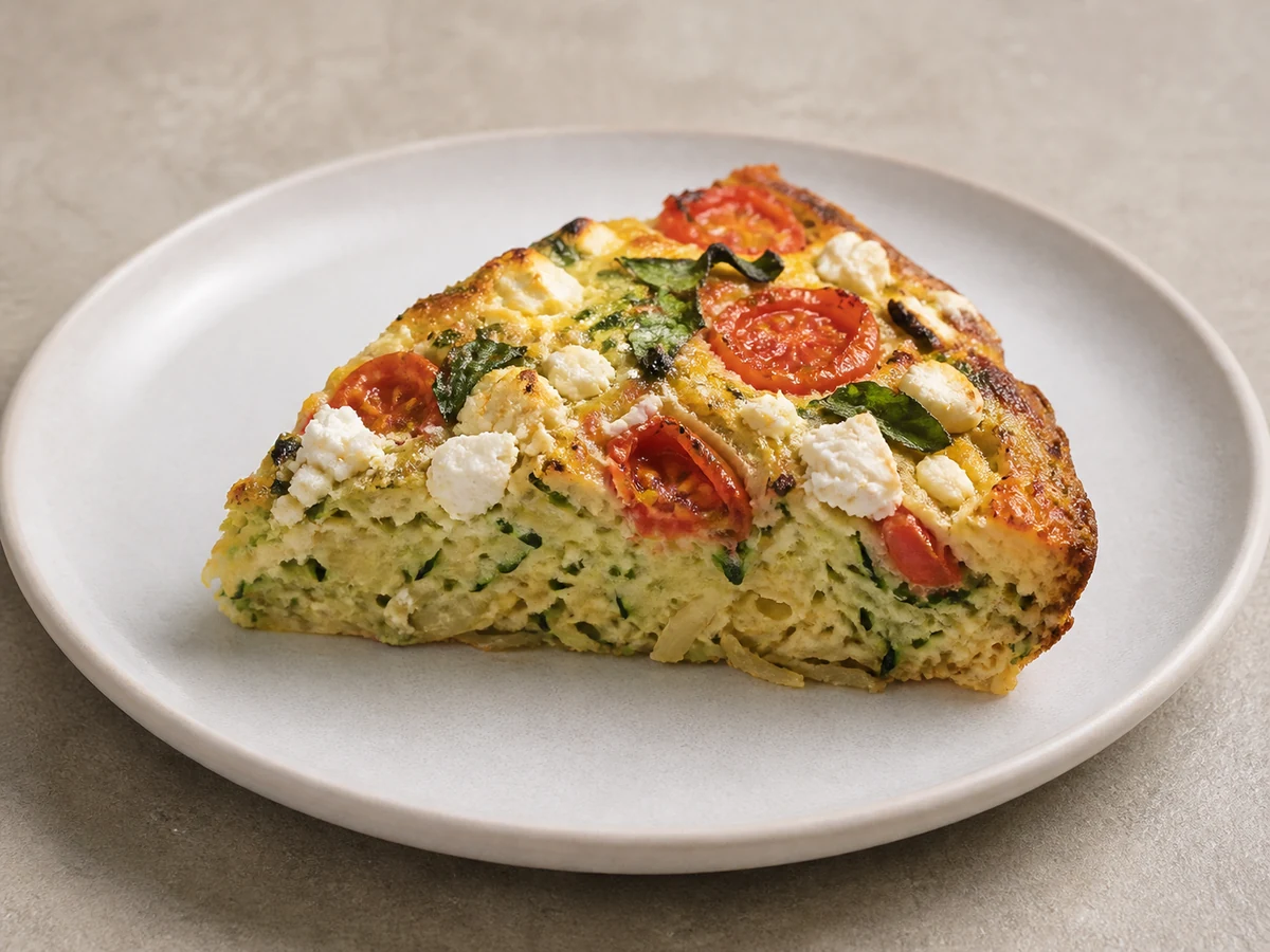 Zucchini, Tomato and Feta Frittata. Eggs with zucchini and tomato and a little feta, cooked slowly and finished under the grill. Good hot, better warm, fine cold the next day.
