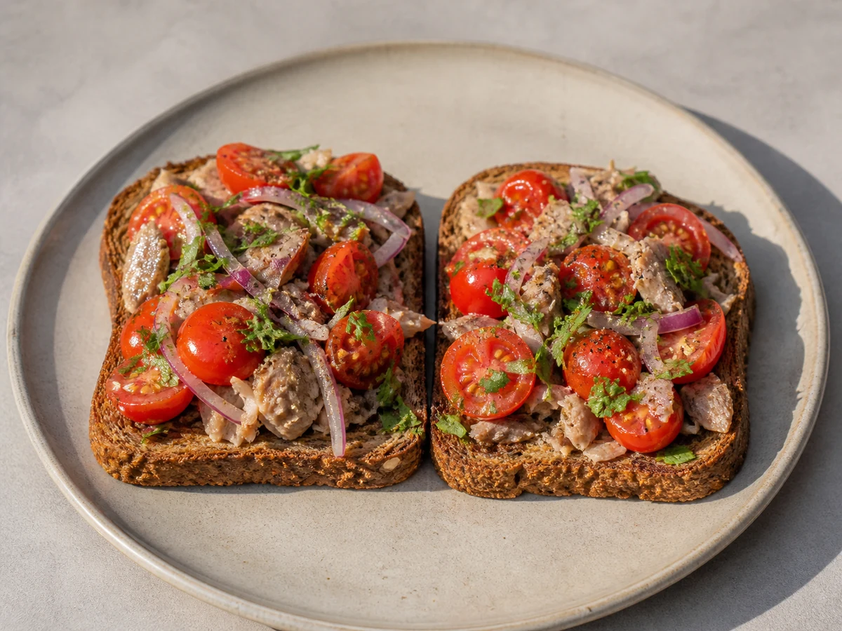 Sardines on Wholegrain Toast with Lemon and Parsley. Tinned sardines crushed onto wholegrain toast with lemon, parsley and red onion. Oily fish for breakfast, which is less strange than it sounds and takes four minutes.