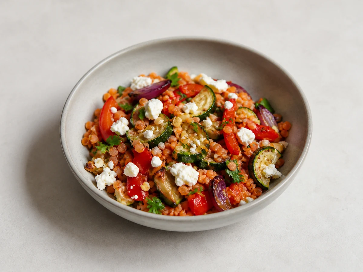 Lentil and Roast Vegetable Salad with Feta. Lentils with roast capsicum, zucchini and red onion, dressed while warm with lemon and plenty of parsley.