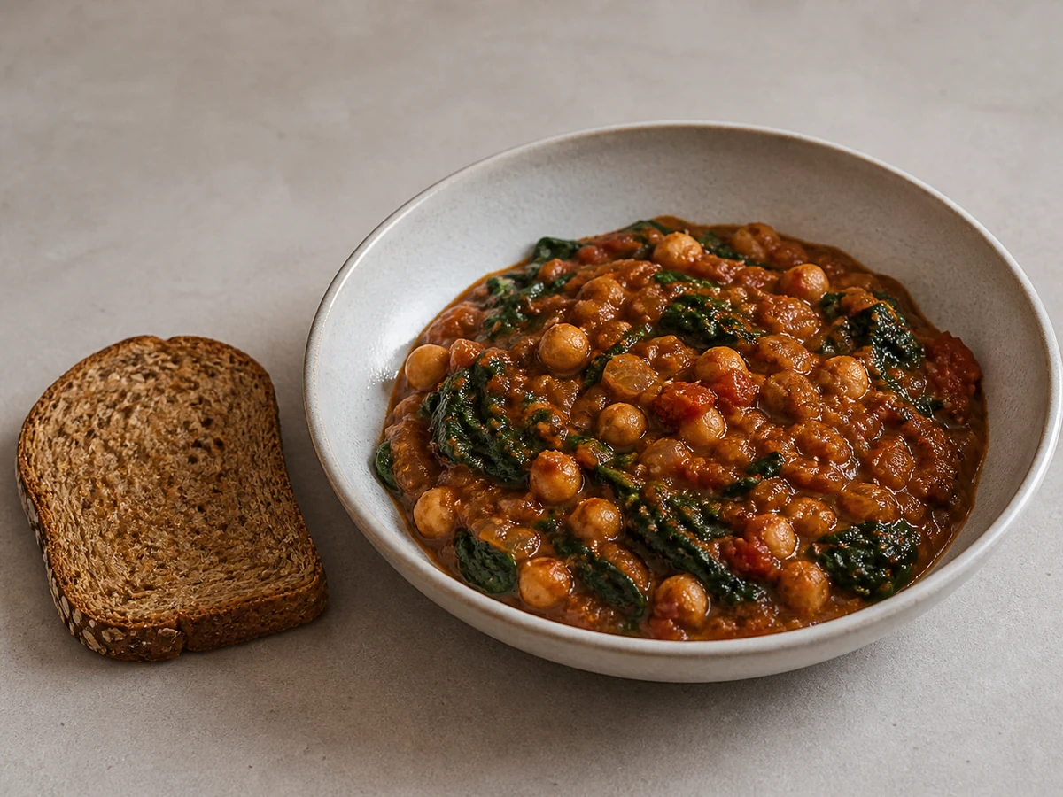 Chickpea and Spinach Stew. Chickpeas simmered with tomato, cumin and smoked paprika until the sauce thickens around them, with spinach folded in at the end.