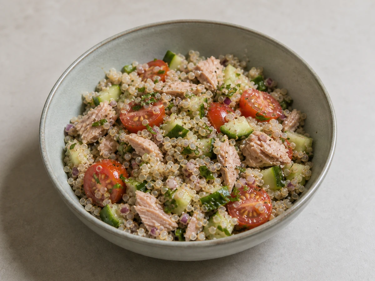 Tuna, Quinoa and Cucumber Salad. Cold quinoa with tuna, cucumber, tomato and a lemon dressing. A lunchbox salad that does not go soggy.