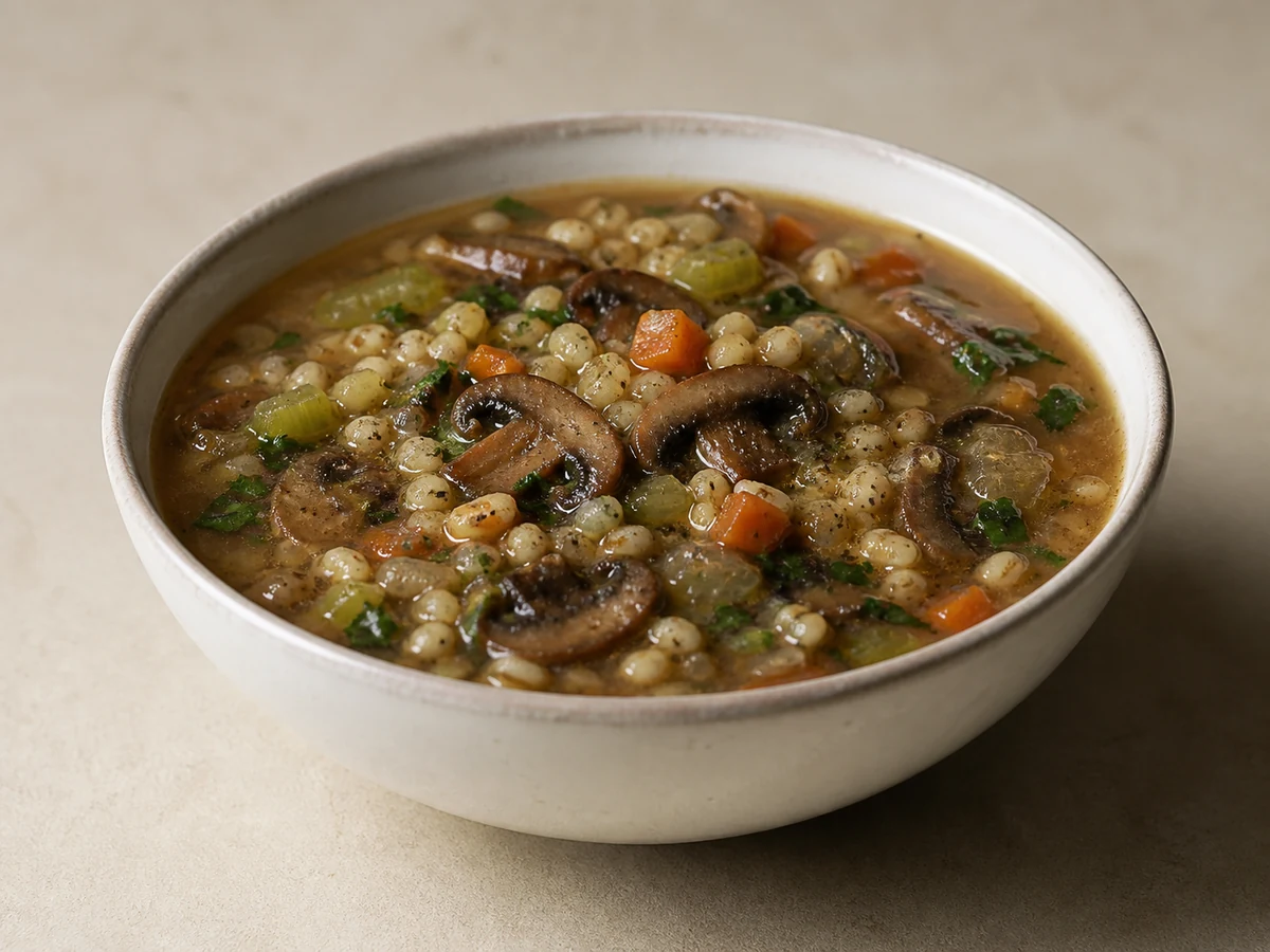Barley and Mushroom Soup. Mushrooms browned properly and simmered with barley until the soup thickens on its own. No cream anywhere near it.