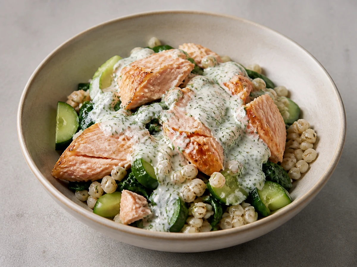 Salmon and Barley Bowl with Cucumber and Dill. Roast salmon flaked over barley with cucumber and a dill-yoghurt dressing.