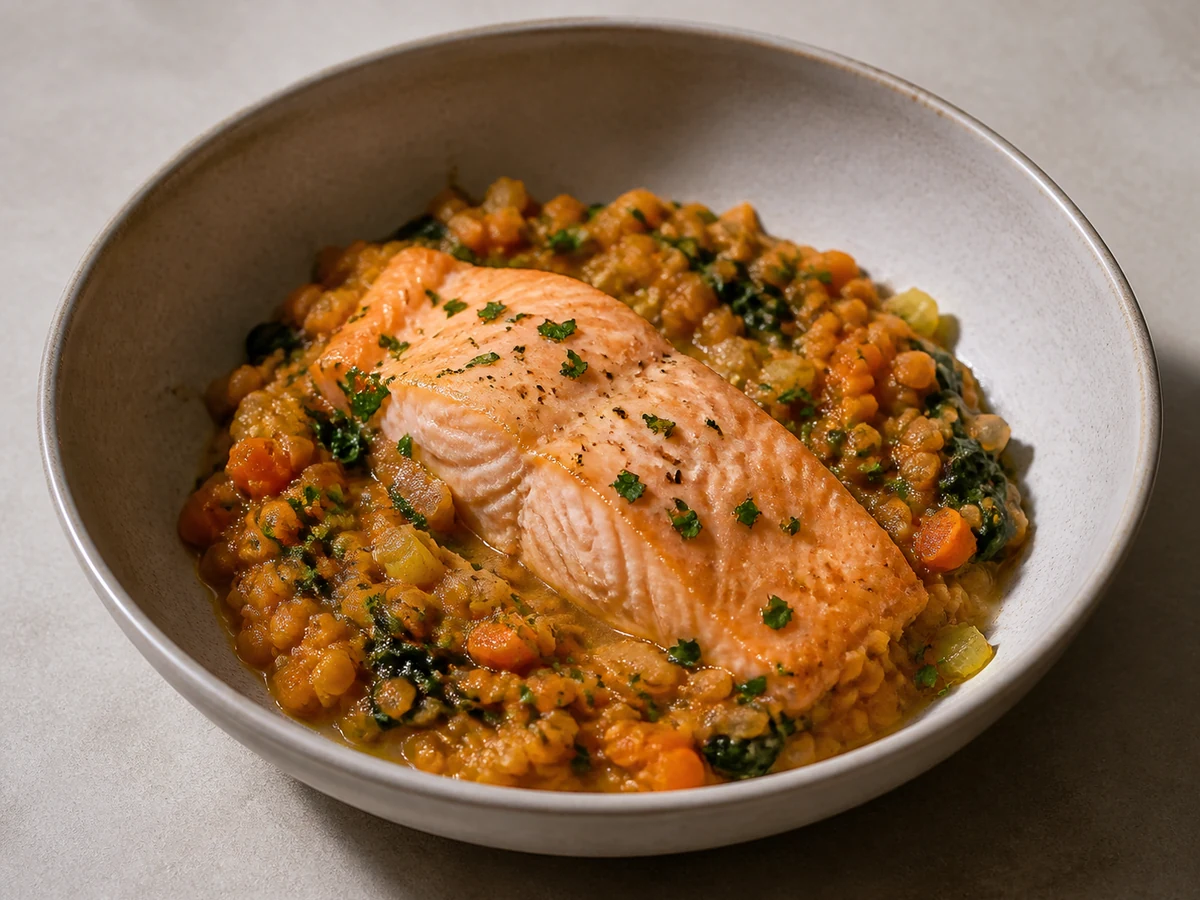 Baked Salmon with Lentils and Greens. Salmon baked over lentils cooked with carrot and celery, so the juices run into them.