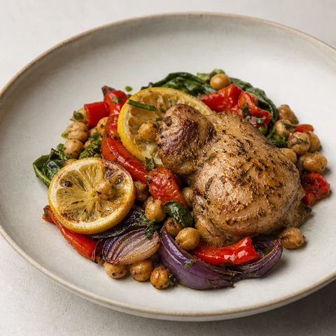 Chicken and Chickpea Tray Bake with Lemon. Chicken thighs roasted over chickpeas and capsicum with lemon and oregano. One tray.