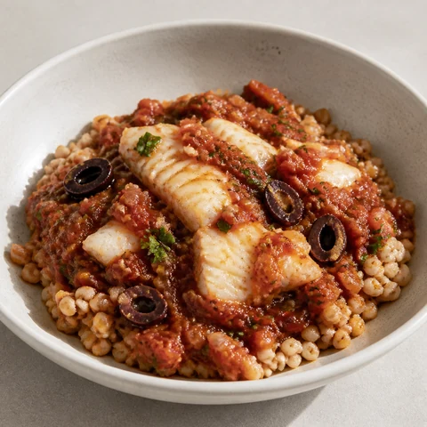 White Fish with Tomato, Olives and Barley. Fish poached in a tomato and olive sauce over barley. The olives do the seasoning.