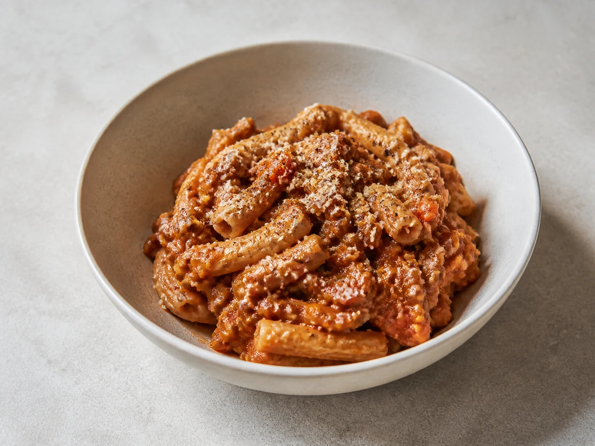 Lentil Bolognese with Wholemeal Pasta. Lentils and finely chopped vegetables cooked down into a thick ragù. Wholemeal pasta rather than white, which changes the dish more than people expect.
