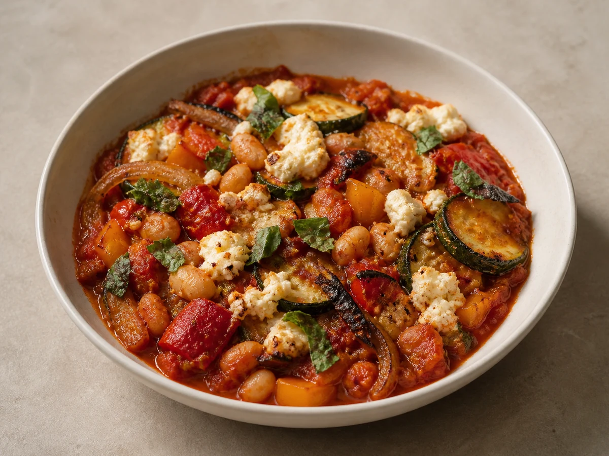 Roast Vegetable and White Bean Bake. Vegetables roasted, then baked under a tomato sauce with white beans and a little feta.