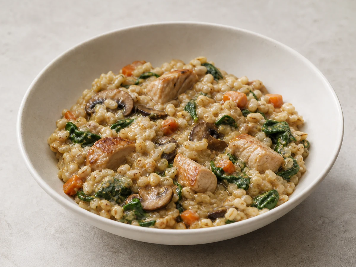 Chicken and Vegetable Barley Risotto. Barley cooked risotto-style so it releases its starch and thickens the pot, with chicken and plenty of vegetables.