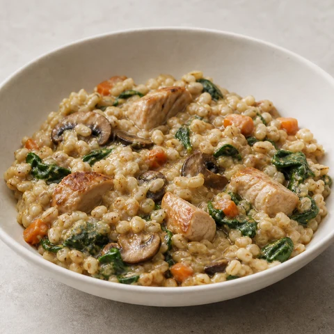 Chicken and Vegetable Barley Risotto. Barley cooked risotto-style so it releases its starch and thickens the pot, with chicken and plenty of vegetables.