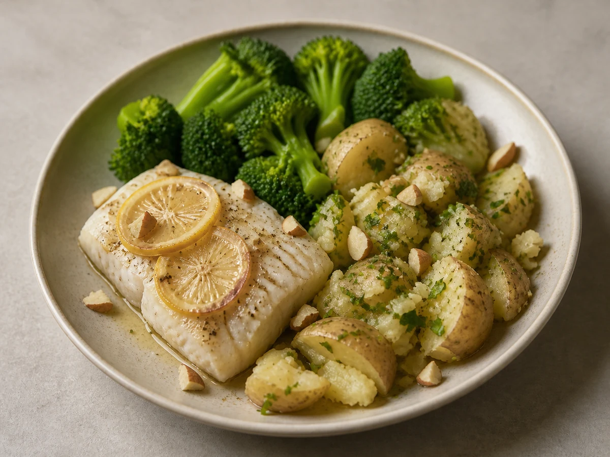 Baked White Fish with Crushed Potato, Broccoli and Almonds. Fish baked with lemon, potatoes crushed with olive oil rather than butter, and broccoli, with toasted almonds over the top.