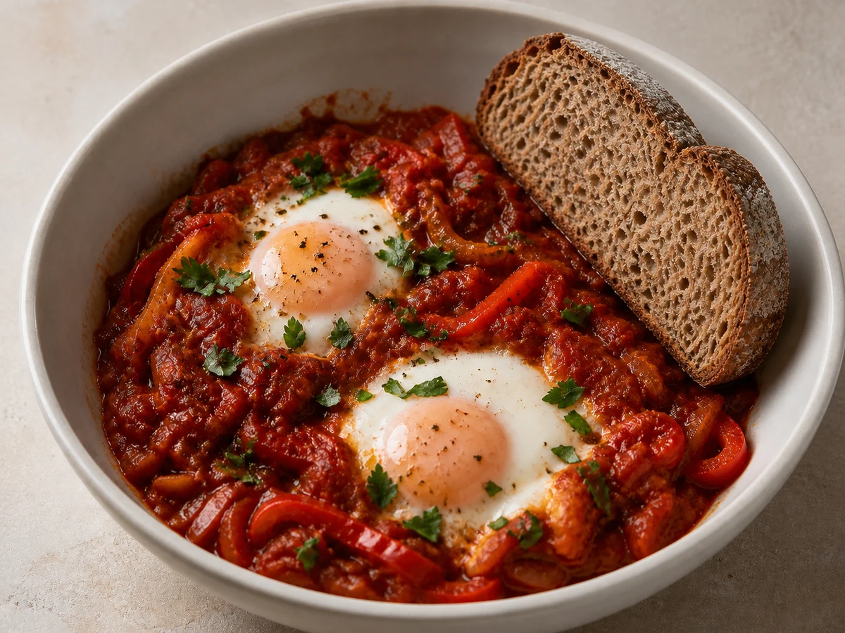 Shakshuka-Style Eggs with Capsicum. Eggs poached in a cumin-and-paprika tomato sauce with red capsicum and onion, scooped up with wholegrain bread.