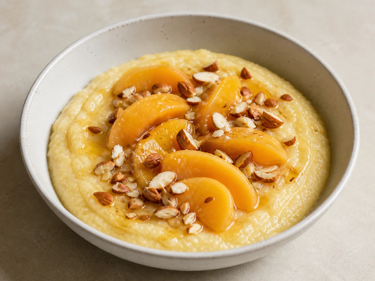 Creamy Polenta Breakfast Bowl with Peaches. Soft milk-cooked polenta finished with butter and served warm with drained tinned peaches, toasted almonds and cinnamon.