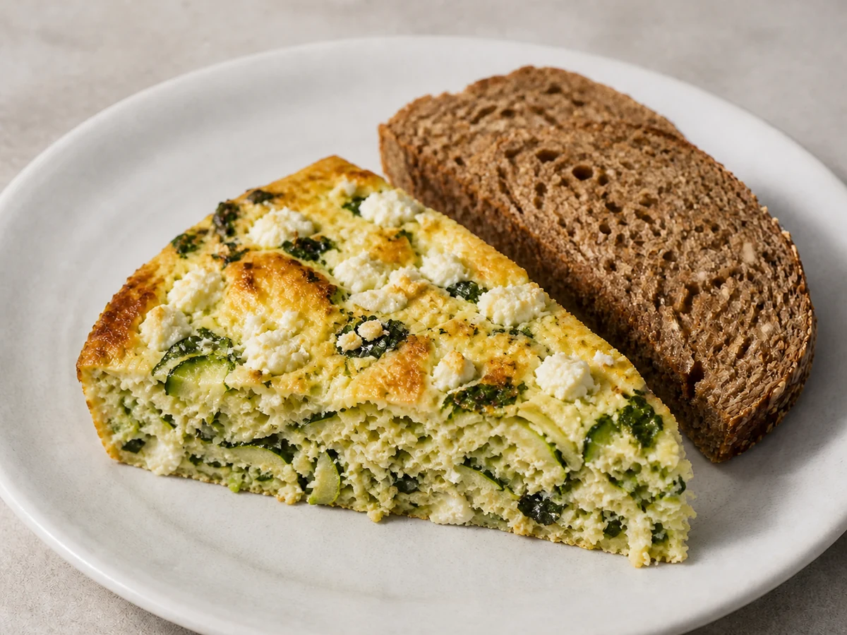 Zucchini, Mint & Feta Frittata. A pan-cooked frittata of grated zucchini, softened leek, feta and fresh mint, cut into wedges with bread on the side.