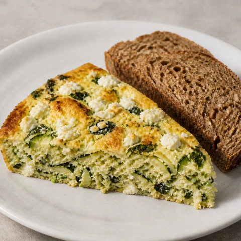 Zucchini, Mint & Feta Frittata. A pan-cooked frittata of grated zucchini, softened leek, feta and fresh mint, cut into wedges with bread on the side.