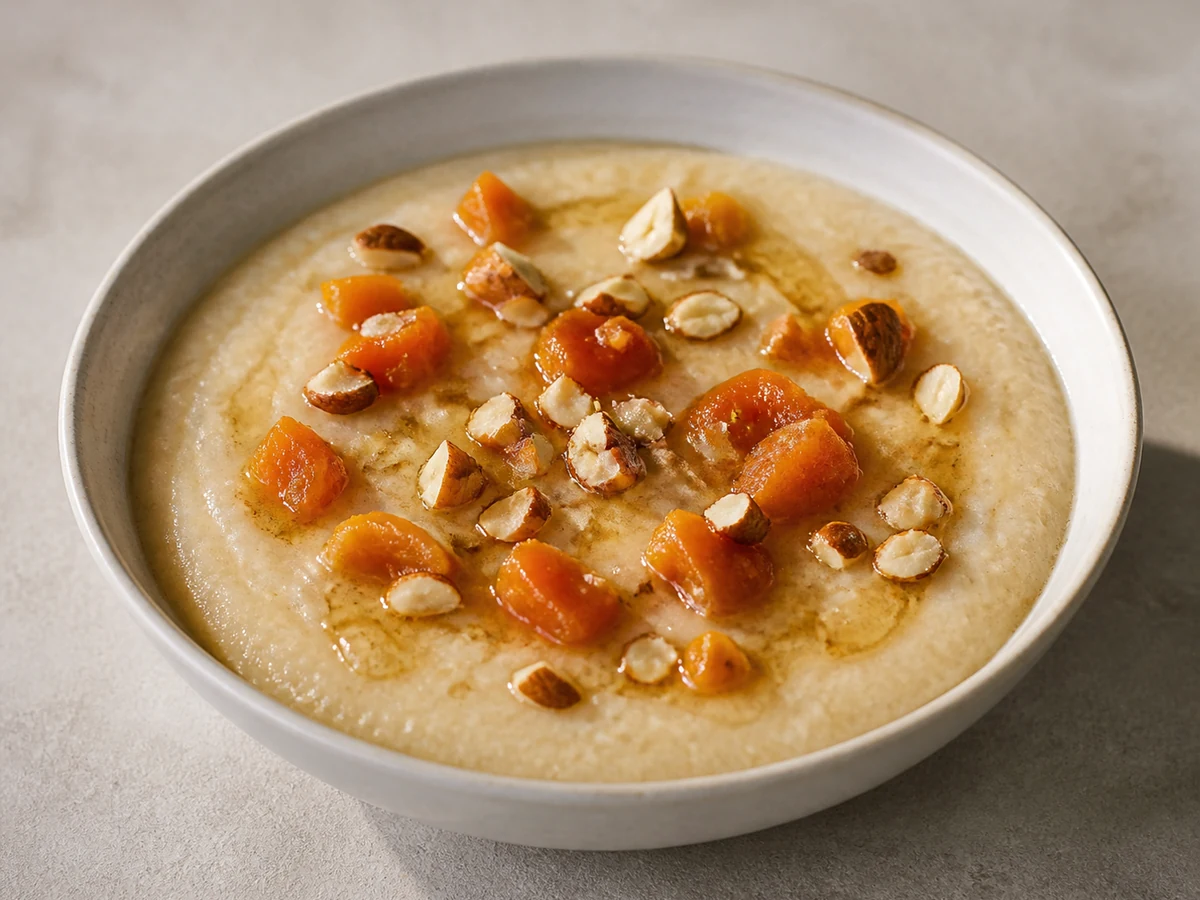 Semolina Porridge with Apricot & Almond. A smooth semolina porridge cooked in milk with cinnamon and a knob of butter, spooned over chopped dried apricots and toasted almonds.