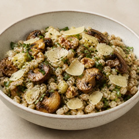 Warm Barley, Mushroom & Leek Bowl. Chewy pearl barley tossed with browned mushrooms, soft leek, thyme and lemon, finished with toasted walnuts and shaved parmesan.
