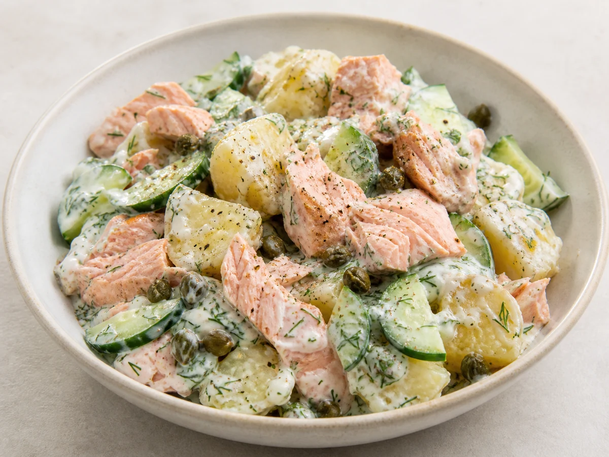 Salmon & Potato Salad with Dill Yoghurt. Warm new potatoes and flaked roast salmon tossed with cucumber, capers and a lemony dill yoghurt dressing.